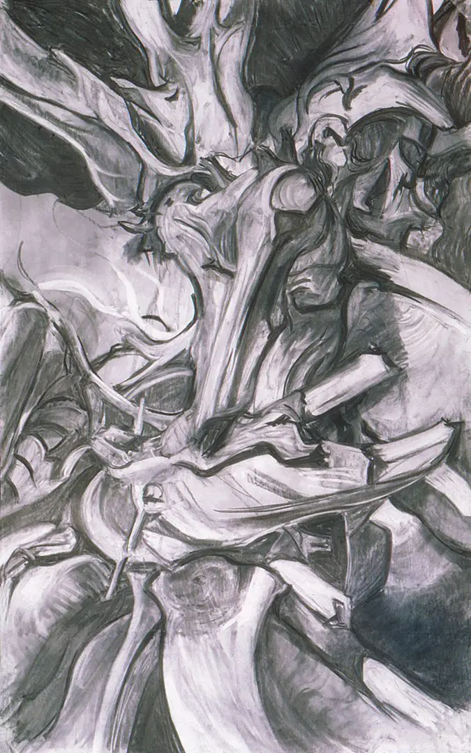 charcoal drawing of driftwood