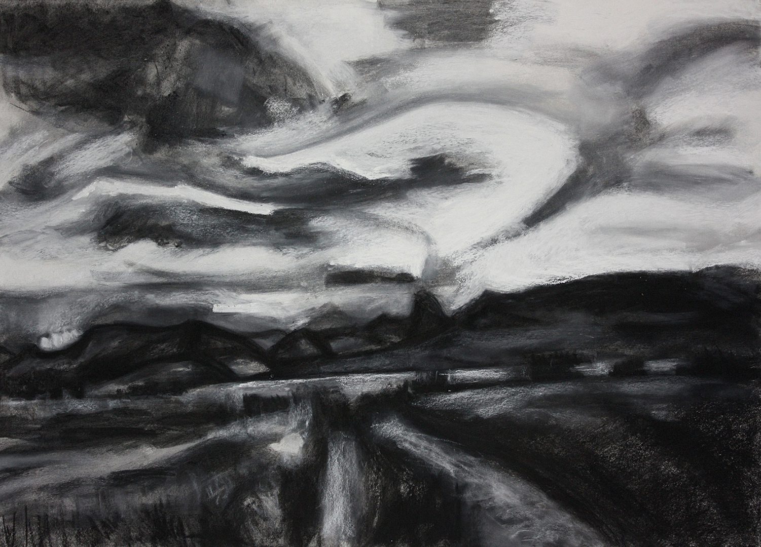 Field to the Tetons charcoal on paper